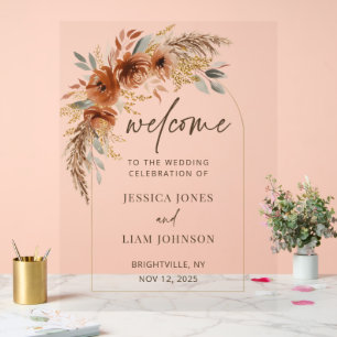 Panneau En Acrylique Terracotta Rust Fall Floral Mariage Bienvenue