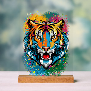 Panneau En Acrylique Tête de tigre couleurs arc-en-ciel peinture taches