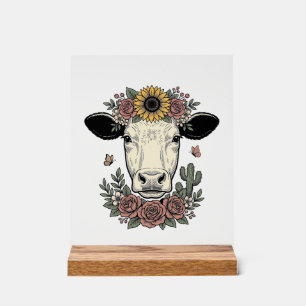 Panneau En Acrylique Tête de vache florale dessin vintage gravure Desig