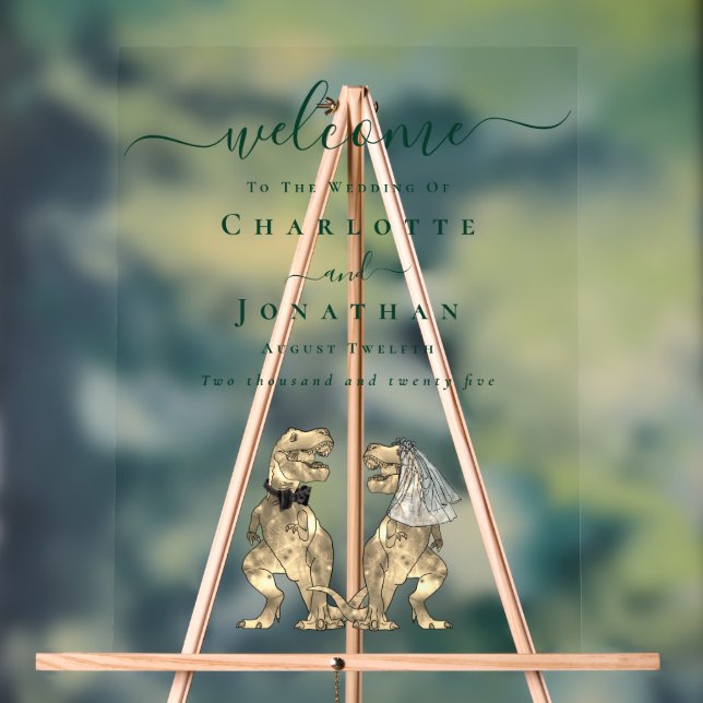 Panneau En Acrylique Thème de mariage dinosaure Bienvenue Écriture vert (Neutre)