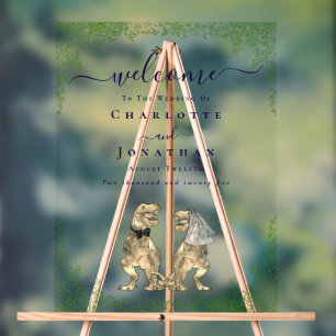 Panneau En Acrylique Thème dinosaure Mariage Bienvenue Écriture Navy Bl
