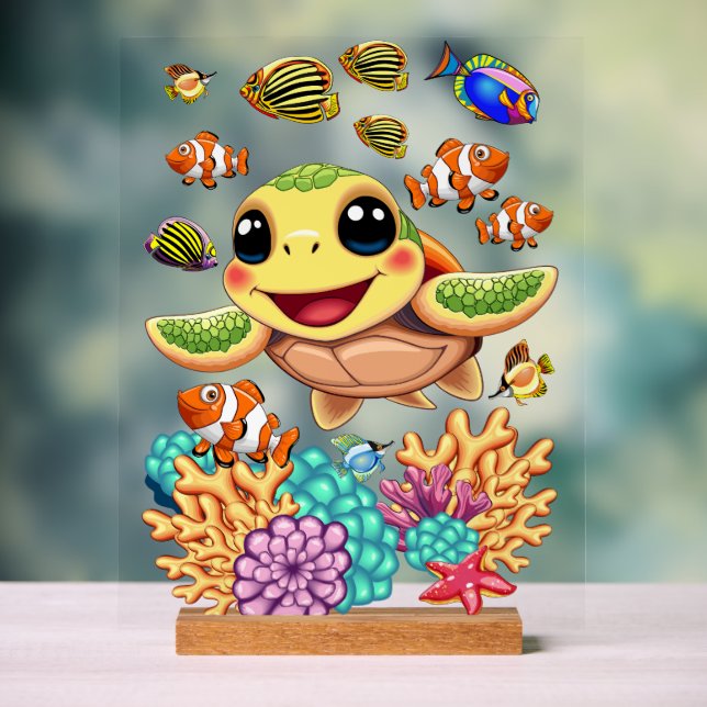 Panneau En Acrylique Tortue de mer Bébé heureux et mignonne personnage (Neutre)