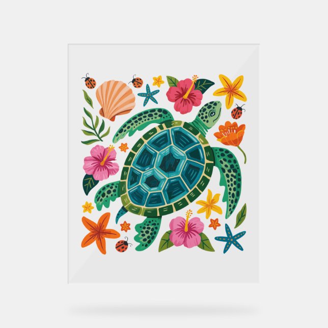 Panneau En Acrylique Tortue de mer florale Boho (Recto)