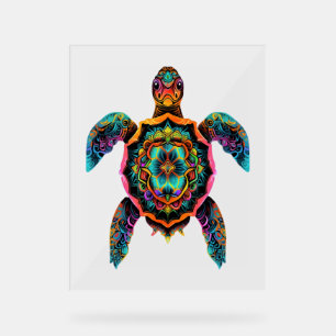 Panneau En Acrylique Tortue de mer Mandala Oeuvre d'art animal marin Bo