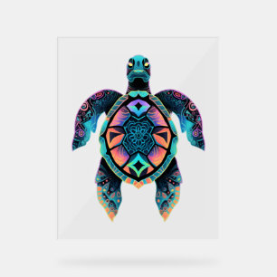 Panneau En Acrylique Tortue de mer Mandala Oeuvre d'art animal marin Bo