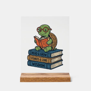 Panneau En Acrylique Tortue mignonne lisant sur des livres Vintage Vect