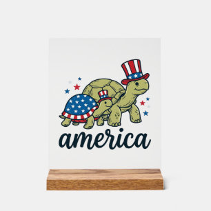 Panneau En Acrylique Tortue Patriotique Amérique Gravure Vintage Design