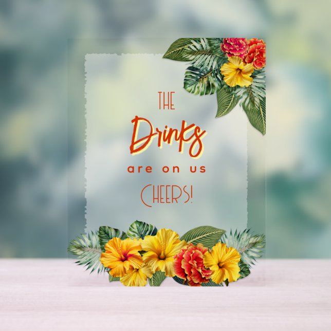 Panneau En Acrylique Tropical Hibiscus Luau Open Bar Acrylic Sign (Neutre)