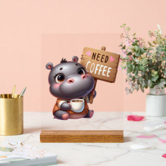 Panneau En Acrylique Un bureau mignon a besoin de café hippo