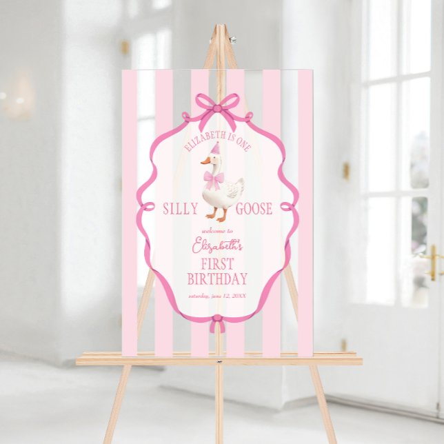 Panneau En Acrylique Un sot Oie rose Bow premier anniversaire Bienvenue (One Silly Goose Pink Bow First Birthday Welcome Acrylic Sign)