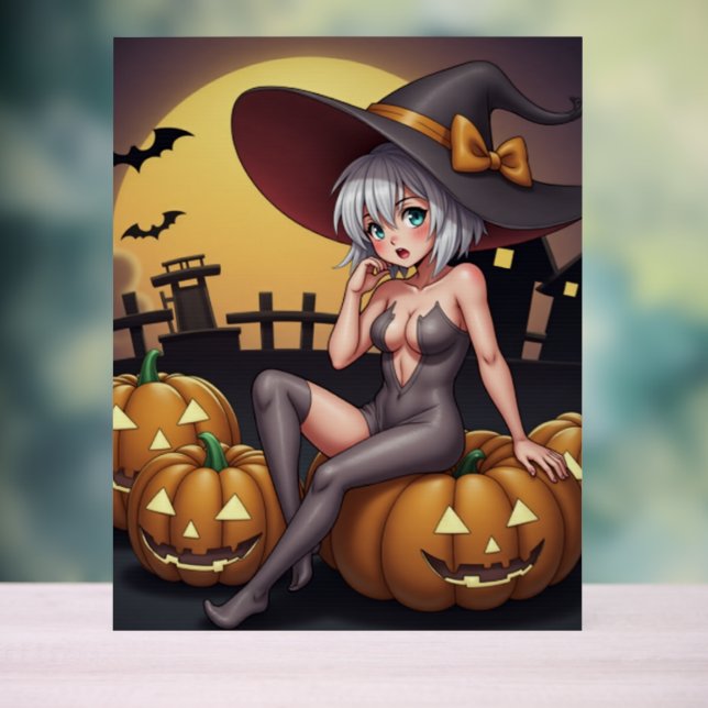 Panneau En Acrylique Une sorcière d'Halloween aux yeux verts sur Jack-O (Neutre)