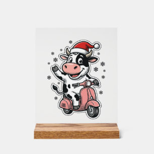Panneau En Acrylique Vache de Noël à scooter rose vintage vecteur_1
