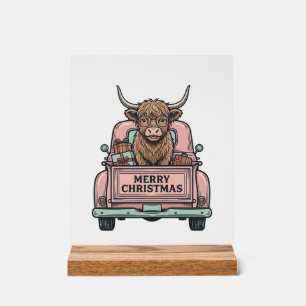 Panneau En Acrylique Vache des Highlands Camion de Noël Gravure Vintage