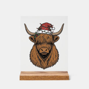 Panneau En Acrylique Vache des Highlands de Noël Gravure Vintage Chapea