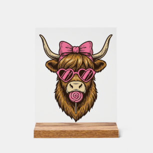 Panneau En Acrylique Vache des Highlands mignonne avec des lunettes à m