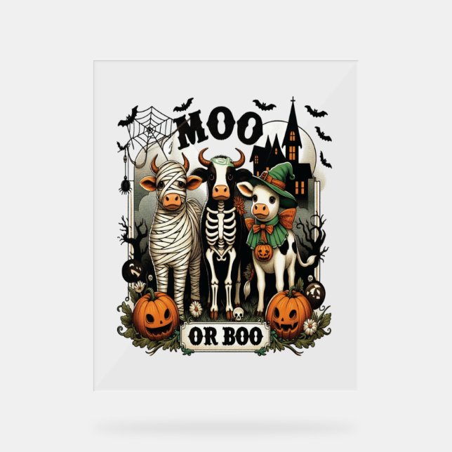 Panneau En Acrylique Vache d'Halloween Moo ou Boo (Recto)