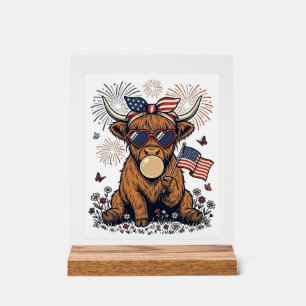 Panneau En Acrylique Vache écossaise patriotique Bubblegum Gravure vint