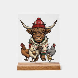 Panneau En Acrylique Vache Highland et poulets de Noël Gravure vintage