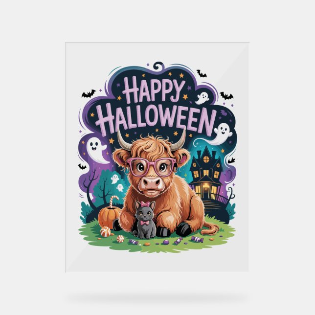 Panneau En Acrylique Vache Highland Mignonne Halloween (2) (Recto)