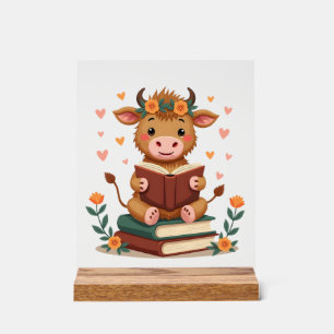 Panneau En Acrylique Vache Highland Vintage lisant des livres Floral Cu