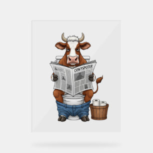 Panneau En Acrylique Vache sur Toilet, Animaux de ferme amusants