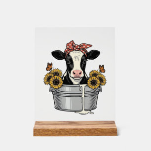 Panneau En Acrylique Vache vintage dans une baignoire Tournesol Papillo