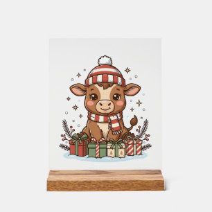 Panneau En Acrylique Veau de Noël mignon avec cadeaux Vintage Vector_1