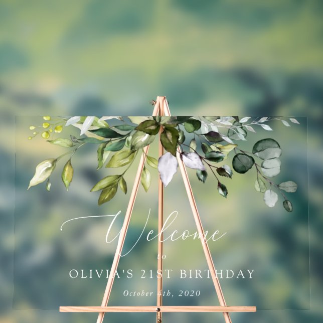 Panneau En Acrylique Verdure, Eucalyptus Feuilles, Anniversaire Bienven (Neutre)