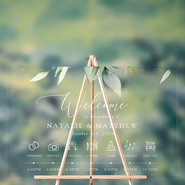 Panneau En Acrylique Verdure, Eucalyptus Feuilles, Chronologie Mariage (Neutre)