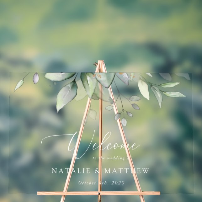 Panneau En Acrylique Verdure, Eucalyptus Feuilles, Mariage Bienvenue (Neutre)