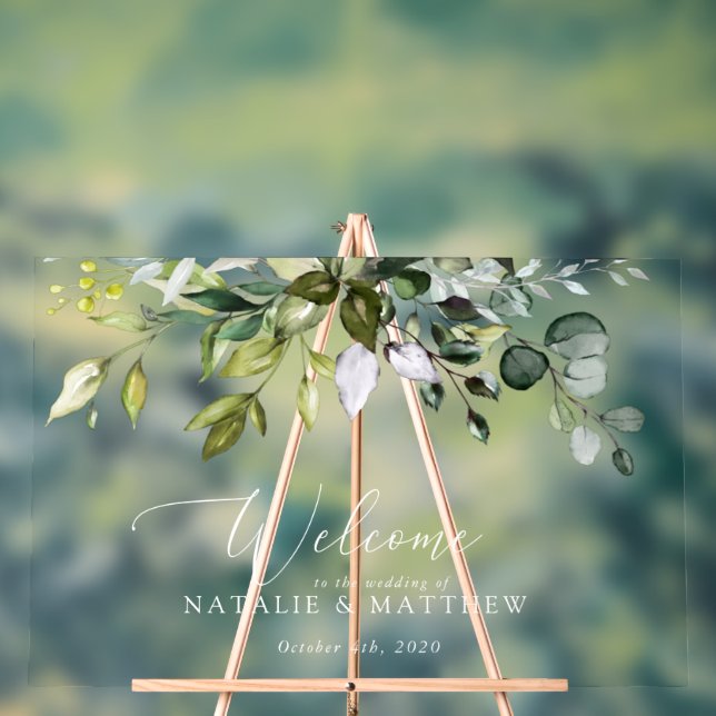 Panneau En Acrylique Verdure, Eucalyptus Feuilles, Mariage Bienvenue (Neutre)