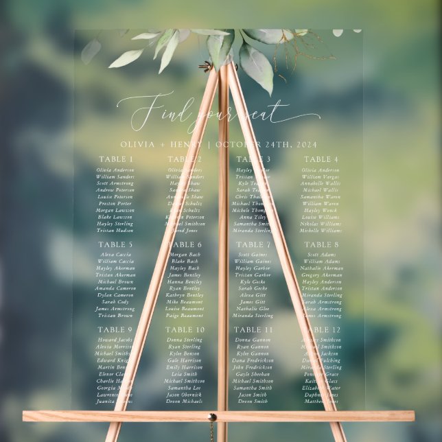 Panneau En Acrylique Vert, Eucalyptus Feuilles, Mariage Seating Chart (Neutre)