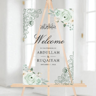 Panneau En Acrylique Vert sauge Floral Dentelle Musulman Mariage Bienve