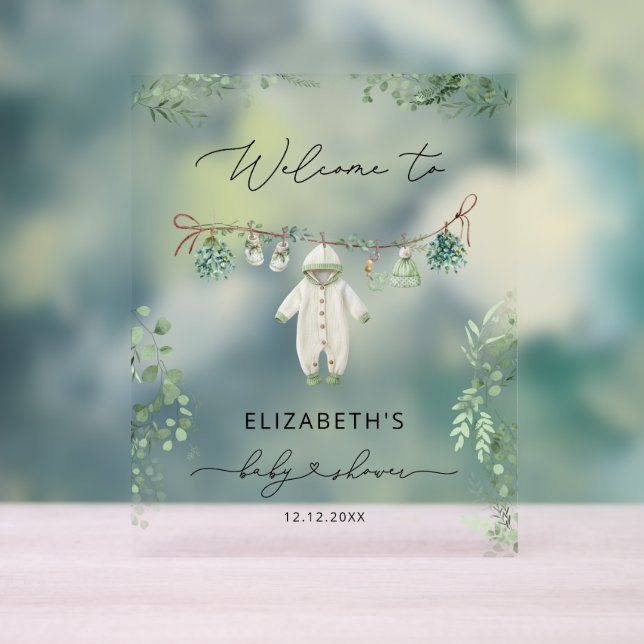 Panneau En Acrylique Vêtements bébé Boho Eucalyptus Baby shower Bienven (Neutre)