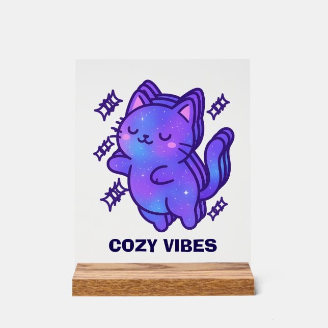 Panneau En Acrylique Vibes Cosy Galaxy Chat - Cute Astral Whimsy (Recto)