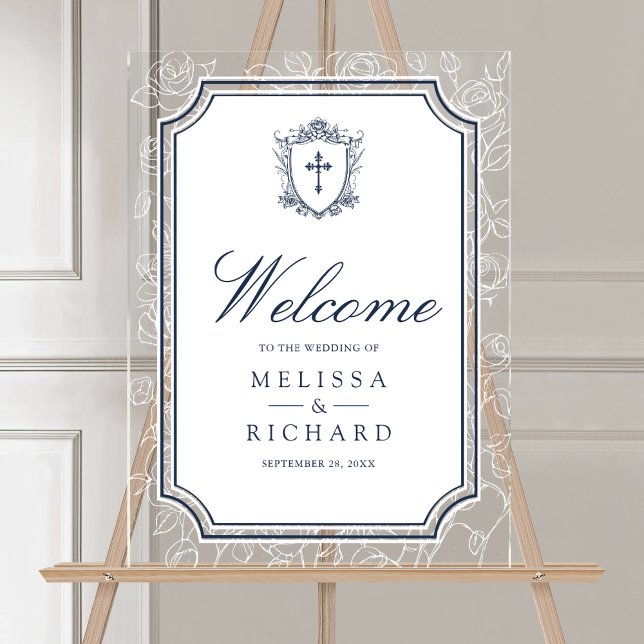 Panneau En Acrylique Victorian Navy Blue Catholic Wedding Welcome (Créateur téléchargé)