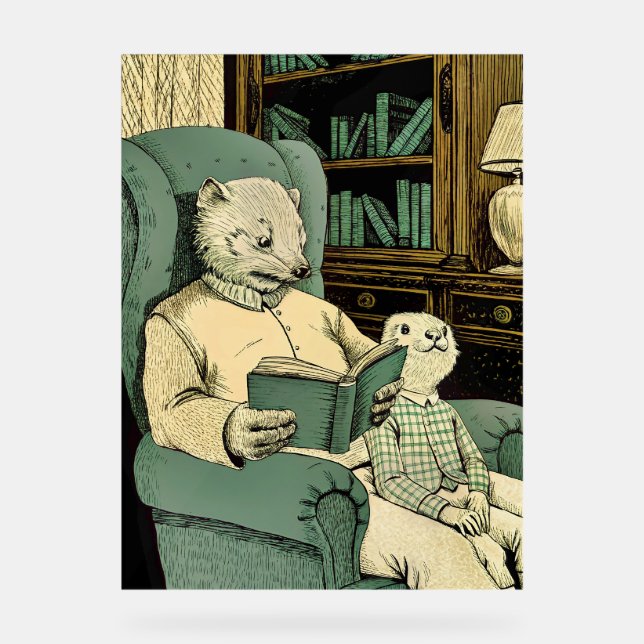 Panneau En Acrylique Vieille belette lire un livre à une jeune belette (Recto)