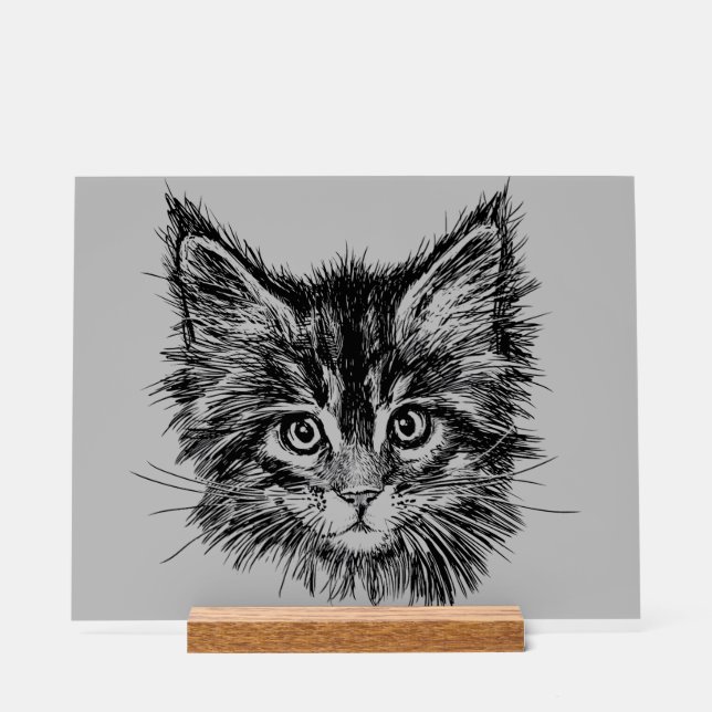 Panneau En Acrylique Visage de Kitten noir et blanc sur gris (Recto)
