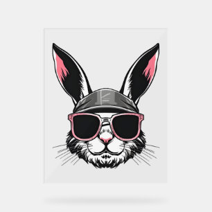 Panneau En Acrylique Visage De Lapin Avec Lunettes De Soleil Jour De Pâ