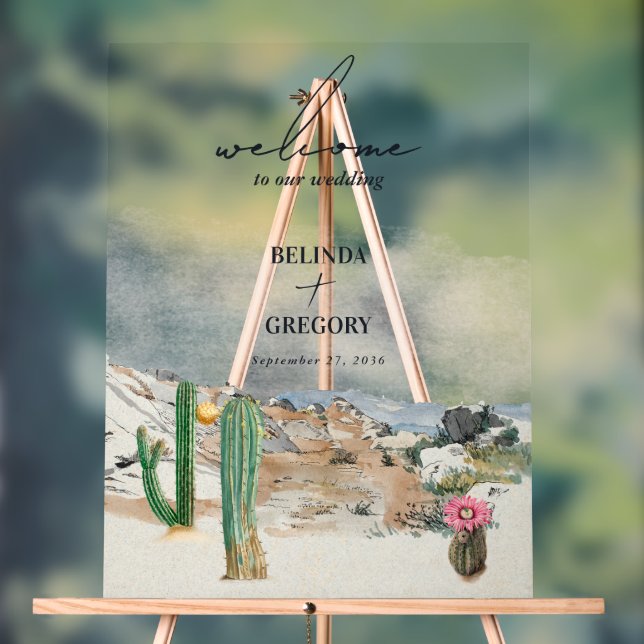 Panneau En Acrylique Watercolor Desert Cactus Boho Wedding Welcome (Neutre)
