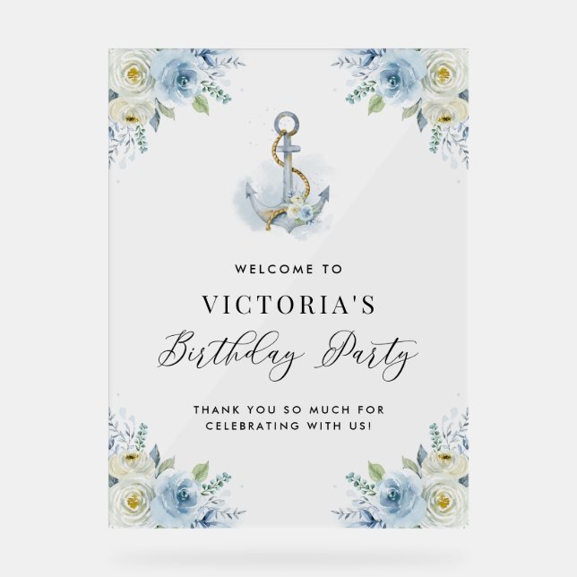 Panneau En Acrylique Watercolor Floral Anchor Nautical Birthday Party (Recto)