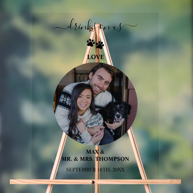Panneau En Acrylique Wedding Modern Photo Couple Pet Dog Drinks on Us (Neutre)