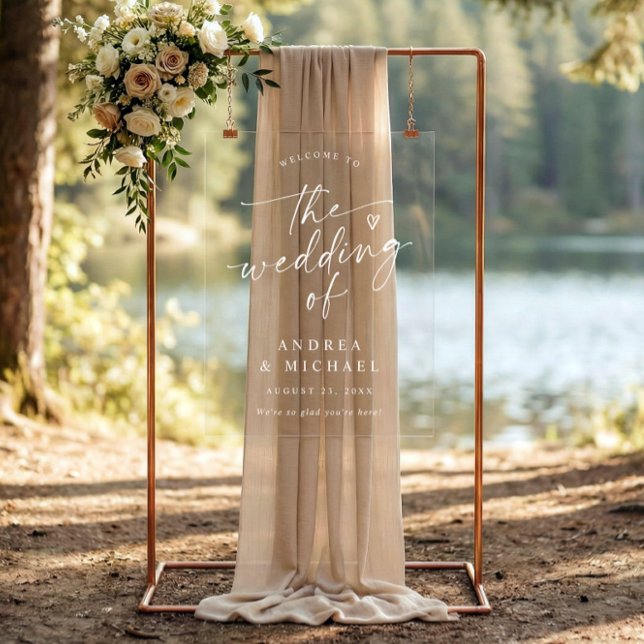 Panneau En Acrylique Wedding Welcome Modern Handwriting Heart (Clear acrylic wedding welcome sign with hand lettered script and heart accent)