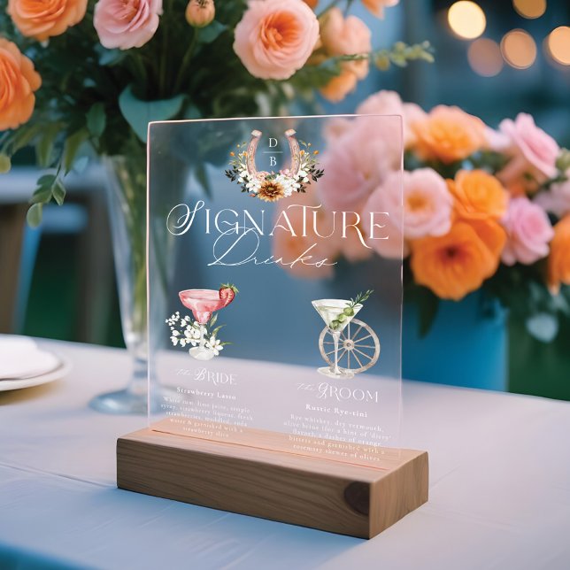 Panneau En Acrylique Western Watercolor Bride & Groom Signature Boisson (Western Watercolor Bride & Groom Signature Drinks Acrylic Sign)