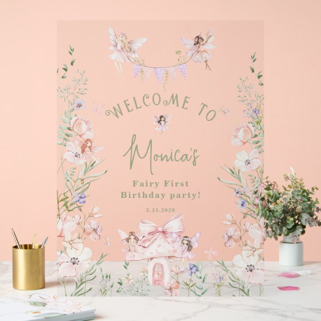 Panneau En Acrylique Whimsical garden Fairy First Birthday Welcome (Mariage)