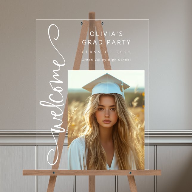 Panneau En Acrylique White Modern Script Photo Grad Party Welcome (Shown on an 18" x 24" clear acrylic sign)