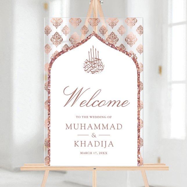 Panneau En Acrylique White Rose Gold Arch Muslim Wedding Welcome (Créateur téléchargé)