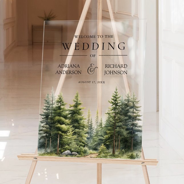 Panneau En Acrylique Winter Pine Trees Forest Wedding Welcome (Créateur téléchargé)