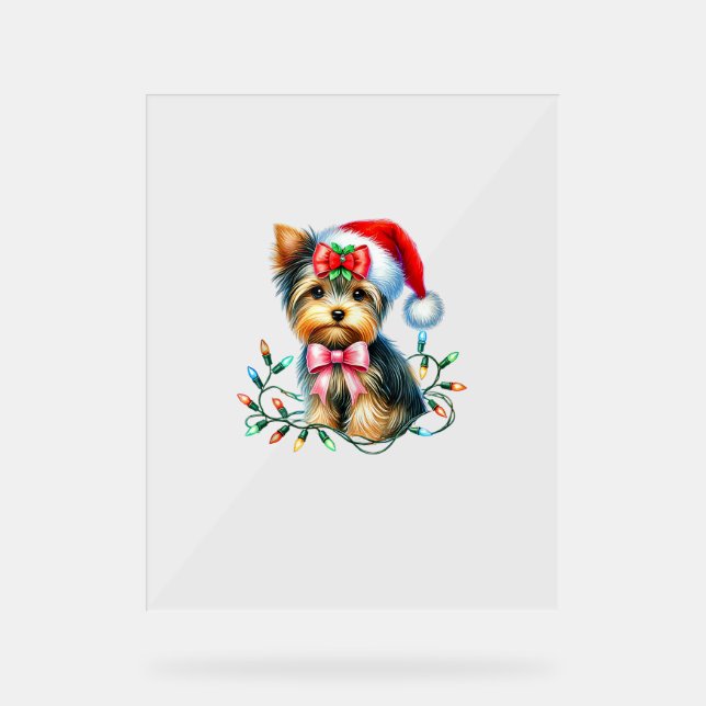Panneau En Acrylique Yorkshire Terrier Chien avec Coquette Bow Noël (Recto)