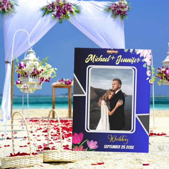 Panneau en toile étanche Floral bleu Mariage Bienv (Créateur téléchargé)